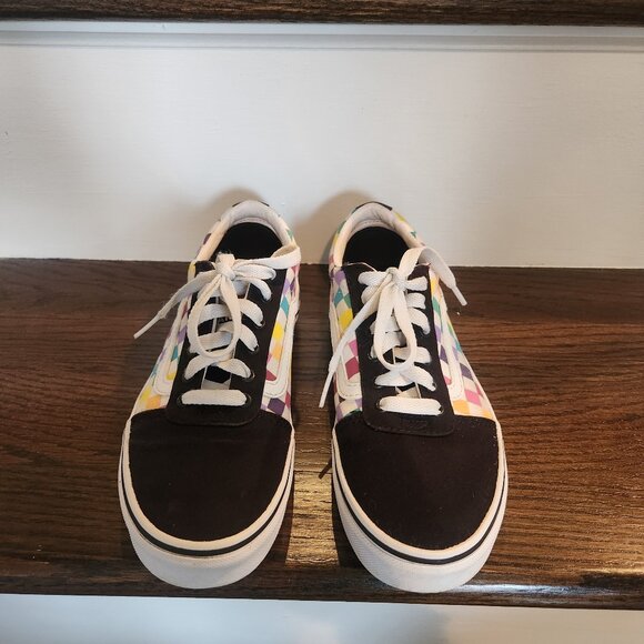 EUC-VANS Checkered Old Skool Rainbow Sneakers Canvas/Suede- Youth Missy Size 4 - Picture 1 of 14